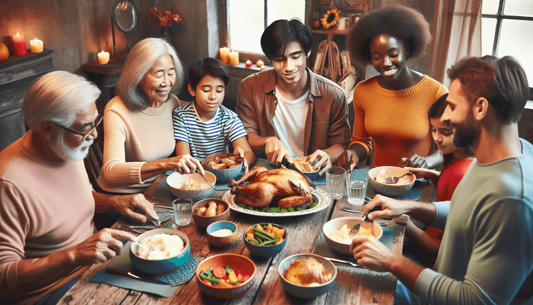 Famille dégustant un repas avec du poulet rôti