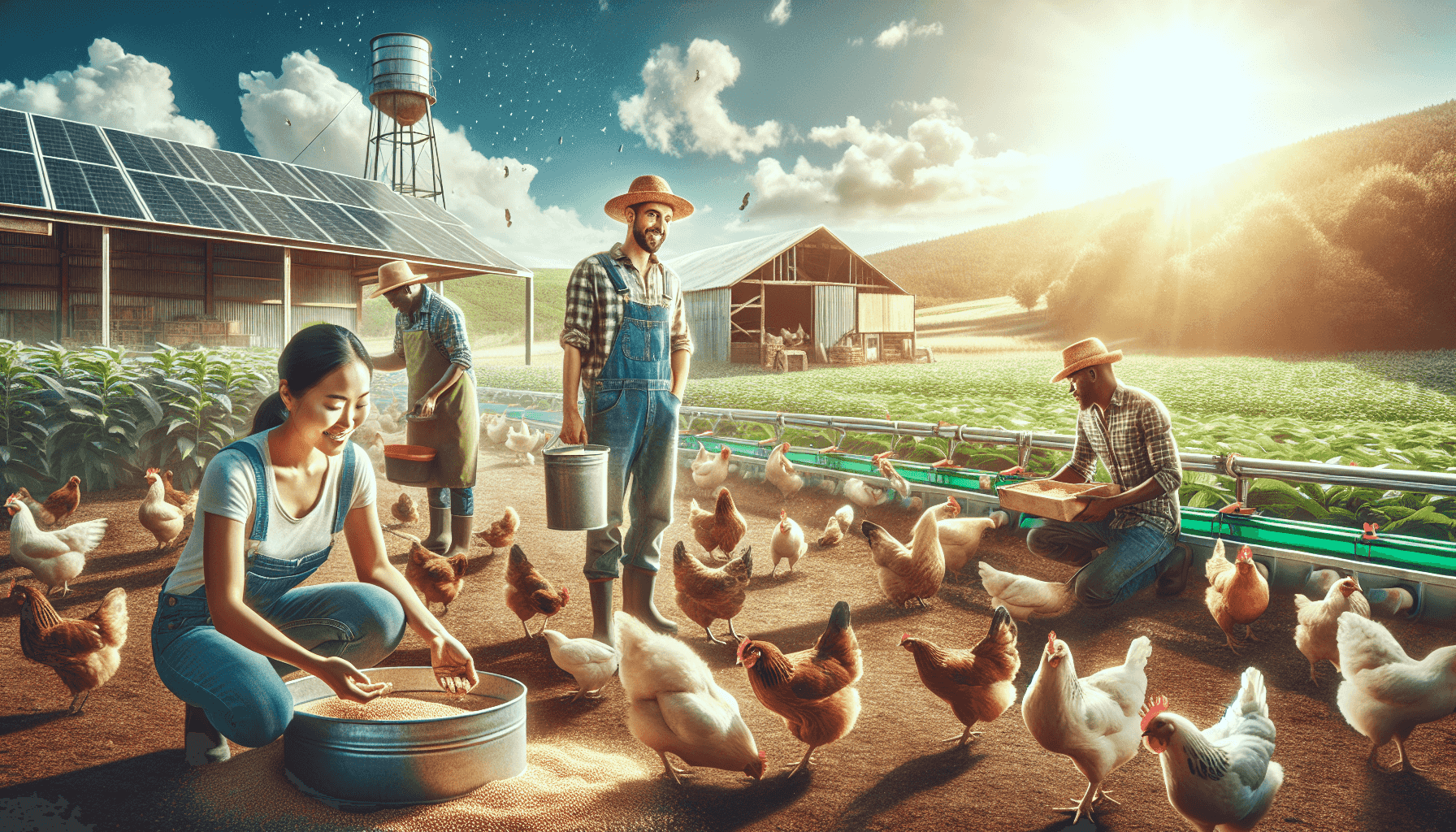 Agriculteurs travaillant dans une ferme de poulets durable