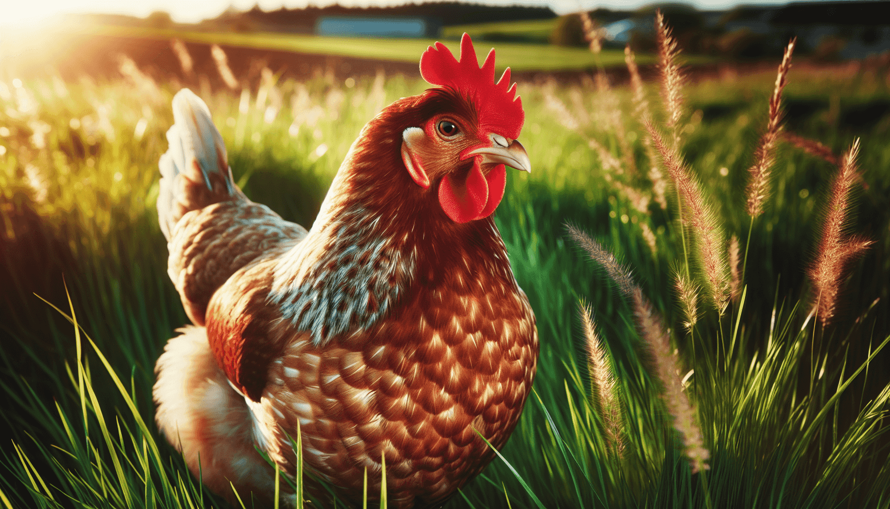 Poulet en bonne santé dans un pâturage vert